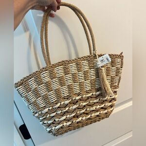 Straw Tan & WhiteWoven Tote Bag